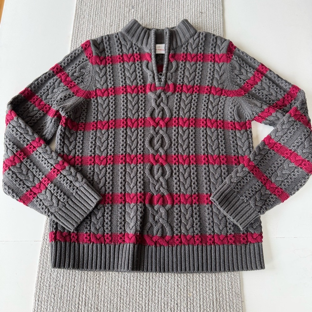 Hanna Andersson Gray Pink Striped Quarter Zip Cotton Wool Cable Knit Sweater 160